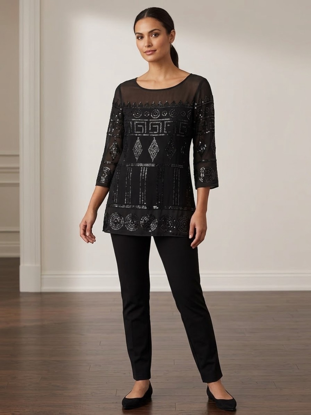 Adrienne Vittadini Black Sequin-Patterned Tunic Top